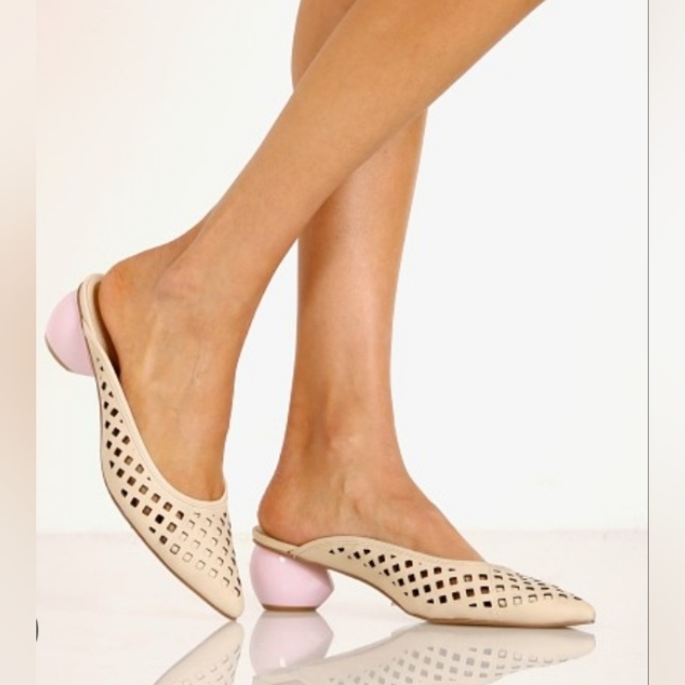 Jaggar The Label Beige Caged Mules Pink Sculptural Heel Slip On Leather Shoes